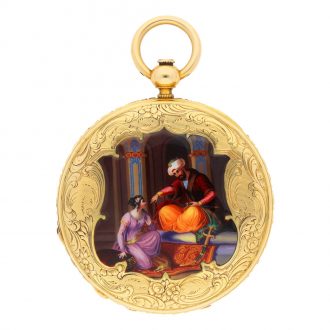 Swiss gold and enamel jump hour full hunter lever watch Circa 1840