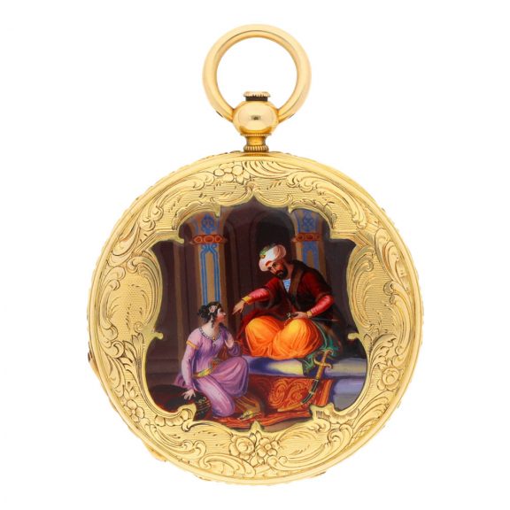 Swiss gold and enamel jump hour full hunter lever watch Circa 1840 Swiss gold and enamel jump hour full hunter lever watch Circa 1840