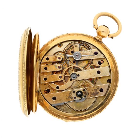 Swiss gold and enamel hunting cased lever watch Circa 1860 Swiss gold and enamel hunting cased lever watch Circa 1860