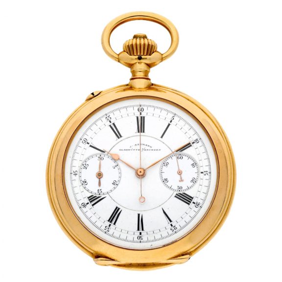 German gold keyless lever chronograph watch with register Circa 1910