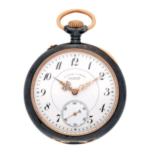 German gun metal open faced lever watch with chain Circa 1916