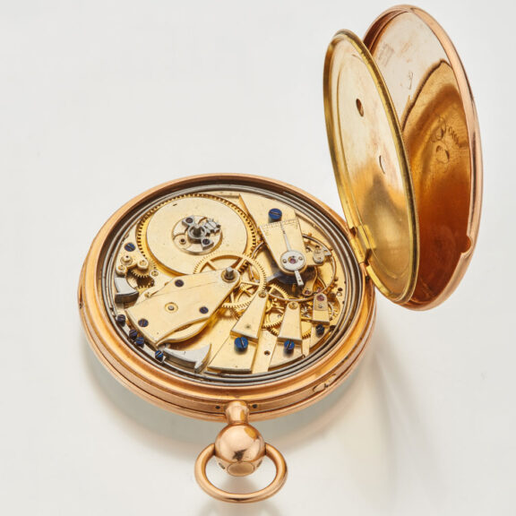 French 18 carat gold open faced quarter repeater Circa 1840 French 18 carat gold open faced quarter repeater Circa 1840