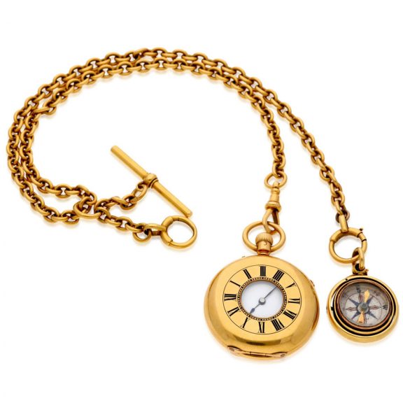 English gold repeating lady's watch with chain and compass Circa 1867