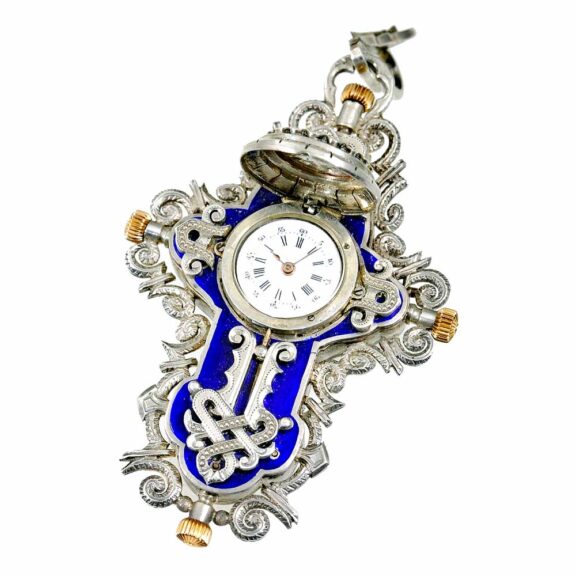 Swiss silver enamel cross form pendant watch Circa 1890 Swiss silver enamel cross form pendant watch Circa 1890