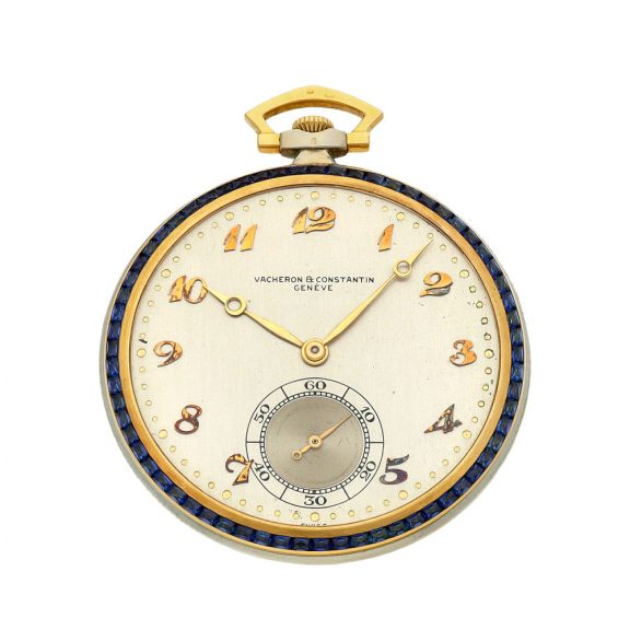 Swiss yellow and white gold sapphire set pocket watch Circa 1924