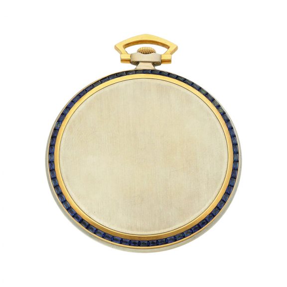 Swiss yellow and white gold sapphire set pocket watch Circa 1924 Swiss yellow and white gold sapphire set pocket watch Circa 1924