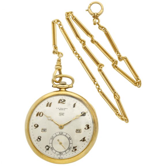 Swiss 18K gold open faced triple calendar watch Circa 1935 Swiss 18K gold open faced triple calendar watch Circa 1935