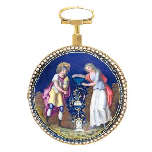 Swiss pink gold enamel and seed pearl set verge circa 1800