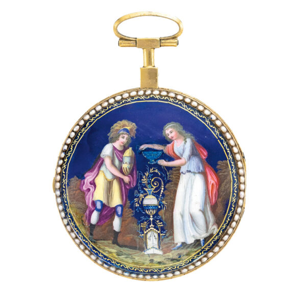 Swiss pink gold enamel and seed pearl set verge circa 1800