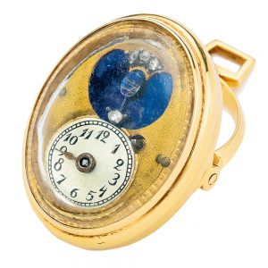Swiss pink gold ring watch with mock pendulum Circa 1820