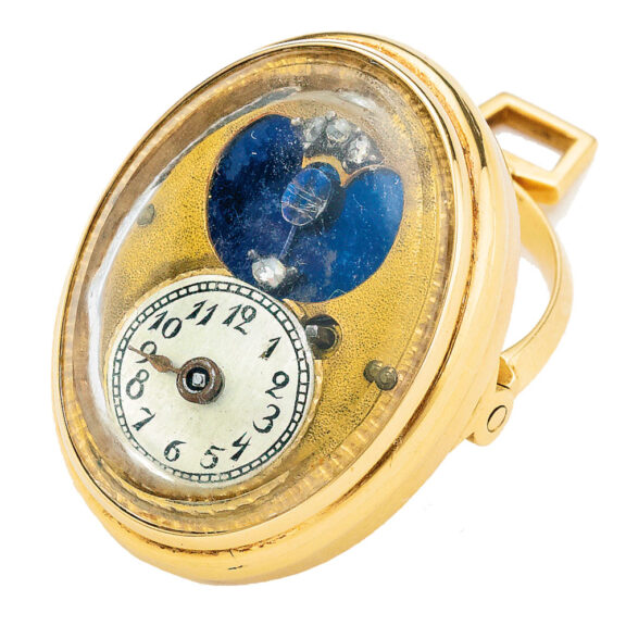 Swiss pink gold ring watch with mock pendulum Circa 1820