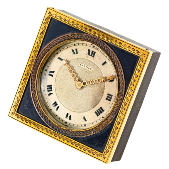 French 18 carat gold and onyx square desk clock Circa 1920