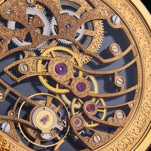 Elegant Swiss 18K gold skeleton lever pocket watch Circa 1985 Elegant Swiss 18K gold skeleton lever pocket watch Circa 1985