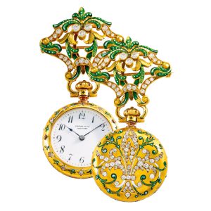 Swiss gold, enamel, and diamond pendant watch Circa 1889