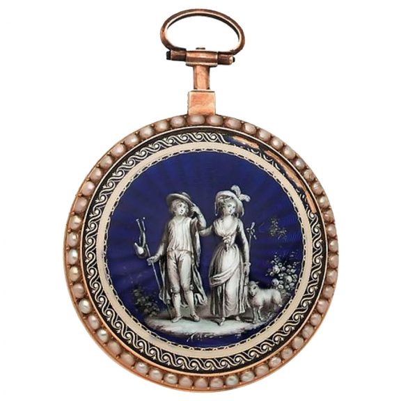 French gold enamel pocket watch with pearl rim Circa 1790