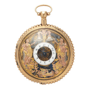 Very fine and rare gold half skeletonised quarter repeating Swiss pocket watch with automaton Jacks of Diana and Apollo and a small concealed erotic automaton scene Circa 1815