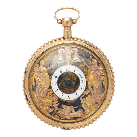Very fine and rare gold half skeletonised quarter repeating Swiss pocket watch with automaton Jacks of Diana and Apollo and a small concealed erotic automaton scene Circa 1815 Very fine and rare gold half skeletonised quarter repeating Swiss pocket watch with automaton Jacks of Diana and Apollo and a small concealed erotic automaton scene Circa 1815