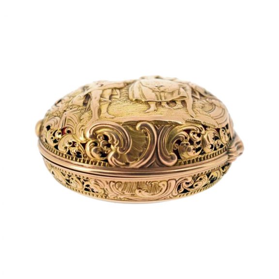 English repeating verge with repoussé decoration from the 18th century English repeating verge with repoussé decoration from the 18th century