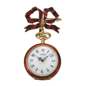 Swiss elegant pendant watch with red enamel and diamond brooch Circa 1915
