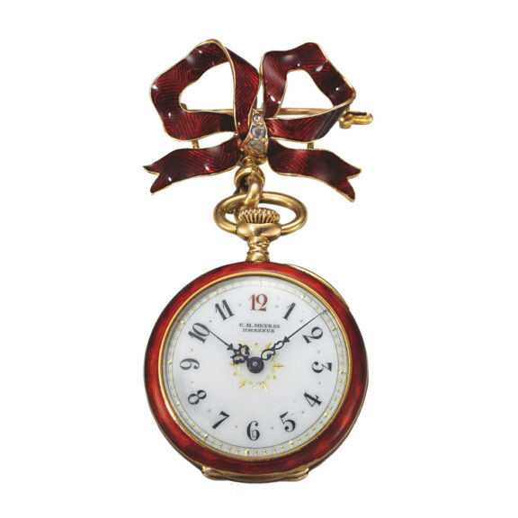 Swiss elegant pendant watch with red enamel and diamond brooch Circa 1915