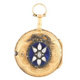 Case back engraved back with central translucent blue enamel panel within a rose-cut diamond-set frame, the centre mounted with 7 large diamonds in a star design set in silver, diamond-set thumb-piece