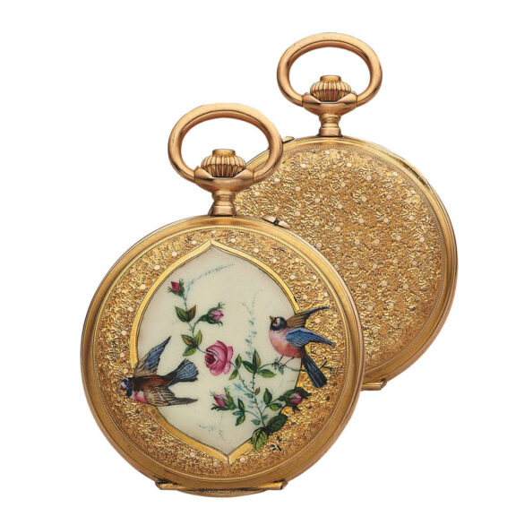A fine, hunting-cased, keyless, 18 carat pink gold and enamel dress watch. Accompanied by a fitted box and made by El Aguila in Switzerland Circa 1900.