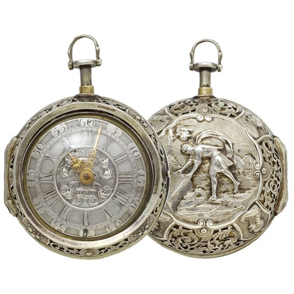 English silver pair cased repoussé verge pocket watch Circa 1725 English silver pair cased repoussé verge pocket watch Circa 1725