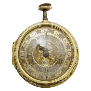 Heavy English gold pair cased verge watch with date Circa 1710