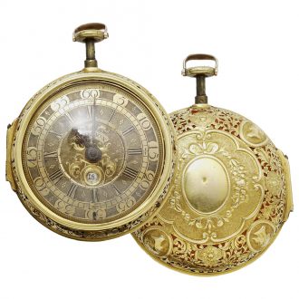 Heavy English gold pair cased verge watch with date Circa 1710
