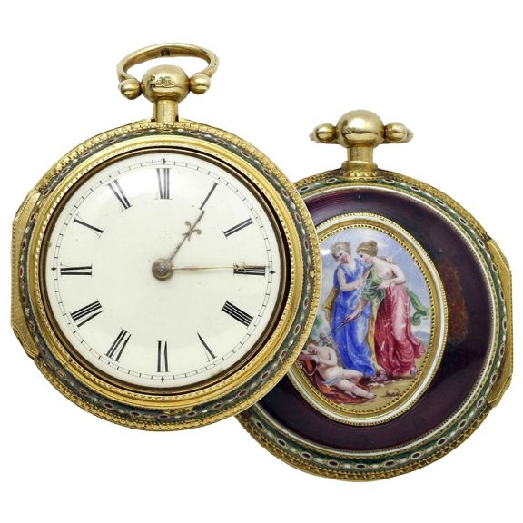 English 18K gold and enamel pair cased pocket watch Circa 1800