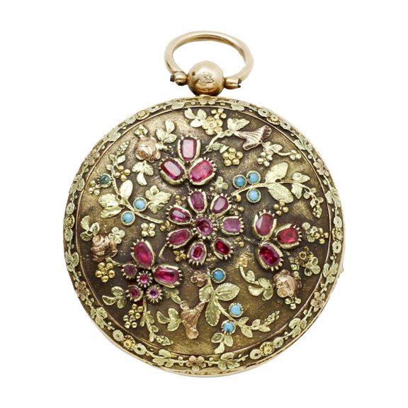 French verge in a gold, turquoise and ruby set case Circa 1830