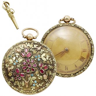 French verge in a gold, turquoise and ruby set case Circa 1830