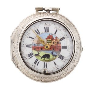 English silver verge watch with repousse scene Circa 1750