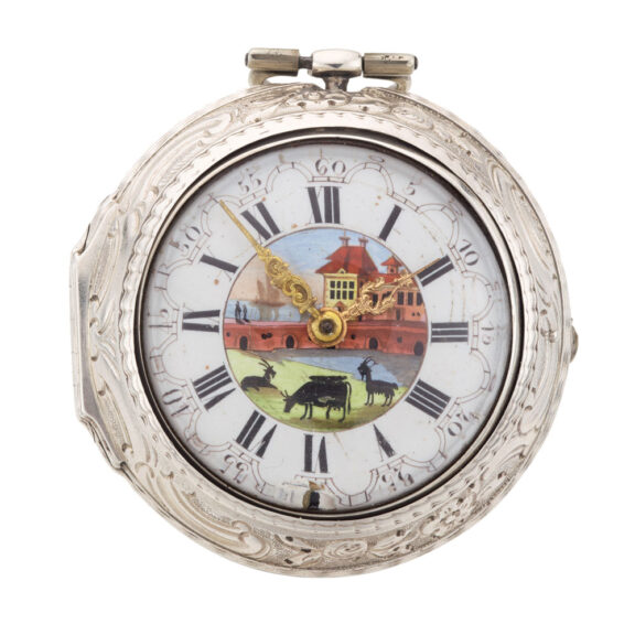 English silver verge watch with repousse scene Circa 1750