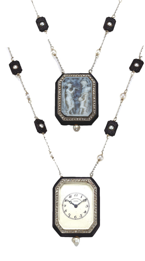 Swiss platinum and black lacquered pearl- and onyx set pendant watch Circa 1925