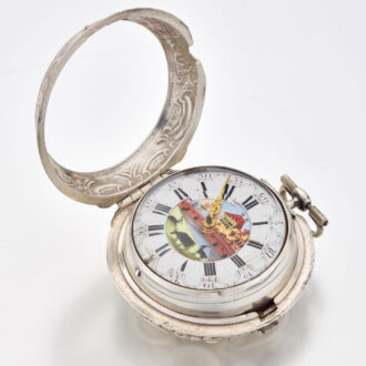 English silver verge watch with repousse scene Circa 1750