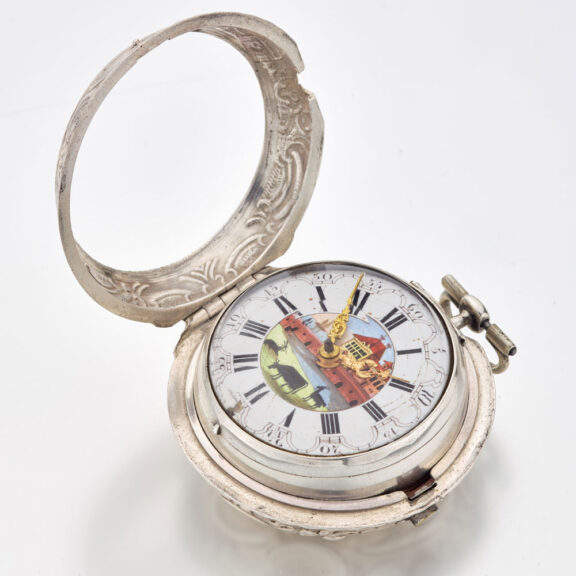 English silver verge watch with repousse scene Circa 1750 English silver verge watch with repousse scene Circa 1750