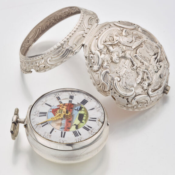 English silver verge watch with repousse scene Circa 1750 English silver verge watch with repousse scene Circa 1750