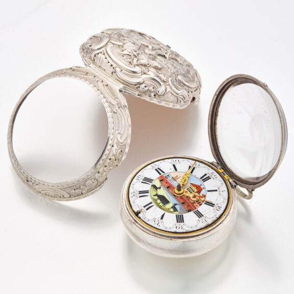 English silver verge watch with repousse scene Circa 1750 English silver verge watch with repousse scene Circa 1750