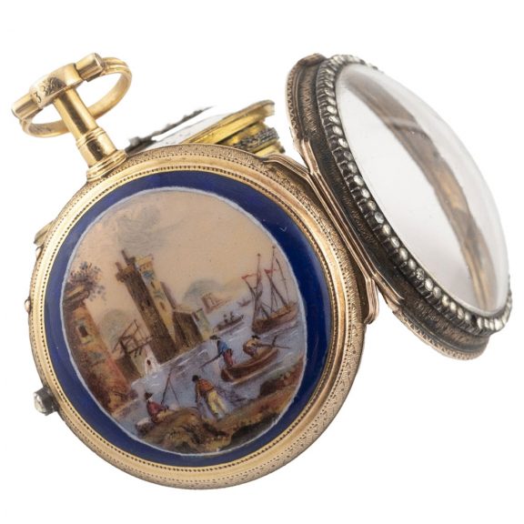 Swiss gold watch with polychrome enamel painted scene Circa 1790 Swiss gold watch with polychrome enamel painted scene Circa 1790