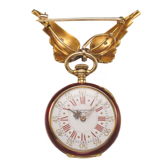 Swiss gold and enamel keyless pendant watch with brooch Circa 1905