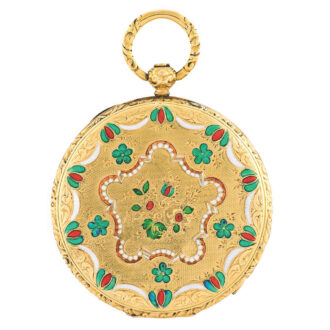 Back cover engine-turned and engraved with flowers and scrolls, decorated with red, green and white champlevé enamel and border to match the bezel