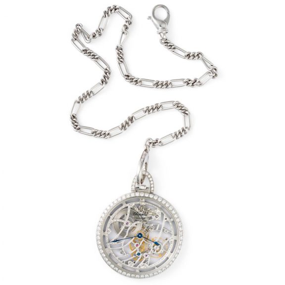 Swiss platinum skeleton pendant watch with diamonds Circa 1994 Swiss platinum skeleton pendant watch with diamonds Circa 1994