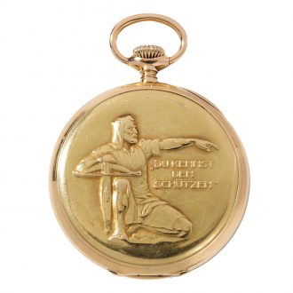 Swiss 18K gold keyless Shooting Festival lever watch Circa 1924