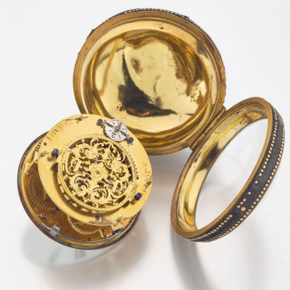 French gilt and leather verge with Egyptian pillars Circa 1690 French gilt and leather verge with Egyptian pillars Circa 1690