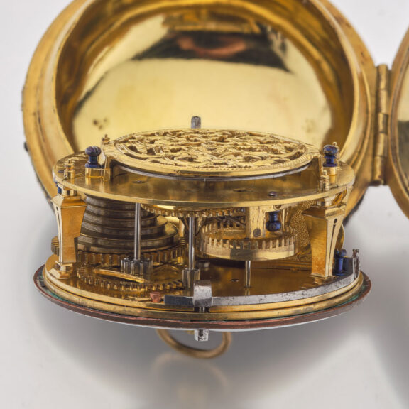 French gilt and leather verge with Egyptian pillars Circa 1690 French gilt and leather verge with Egyptian pillars Circa 1690