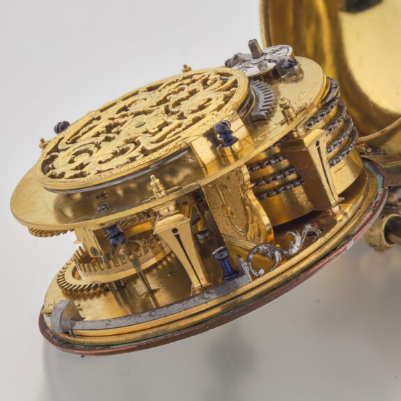 French gilt and leather verge with Egyptian pillars Circa 1690 French gilt and leather verge with Egyptian pillars Circa 1690