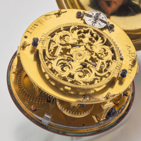 French gilt and leather verge with Egyptian pillars Circa 1690 French gilt and leather verge with Egyptian pillars Circa 1690