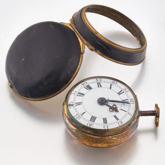 Early English gilt and leather covered verge Circa 1710 Early English gilt and leather covered verge Circa 1710