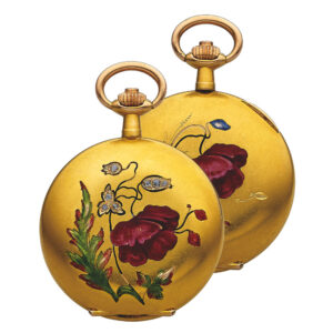 Swiss hunting cased keyless yellow gold diamond and enamel dress watch Circa 1900